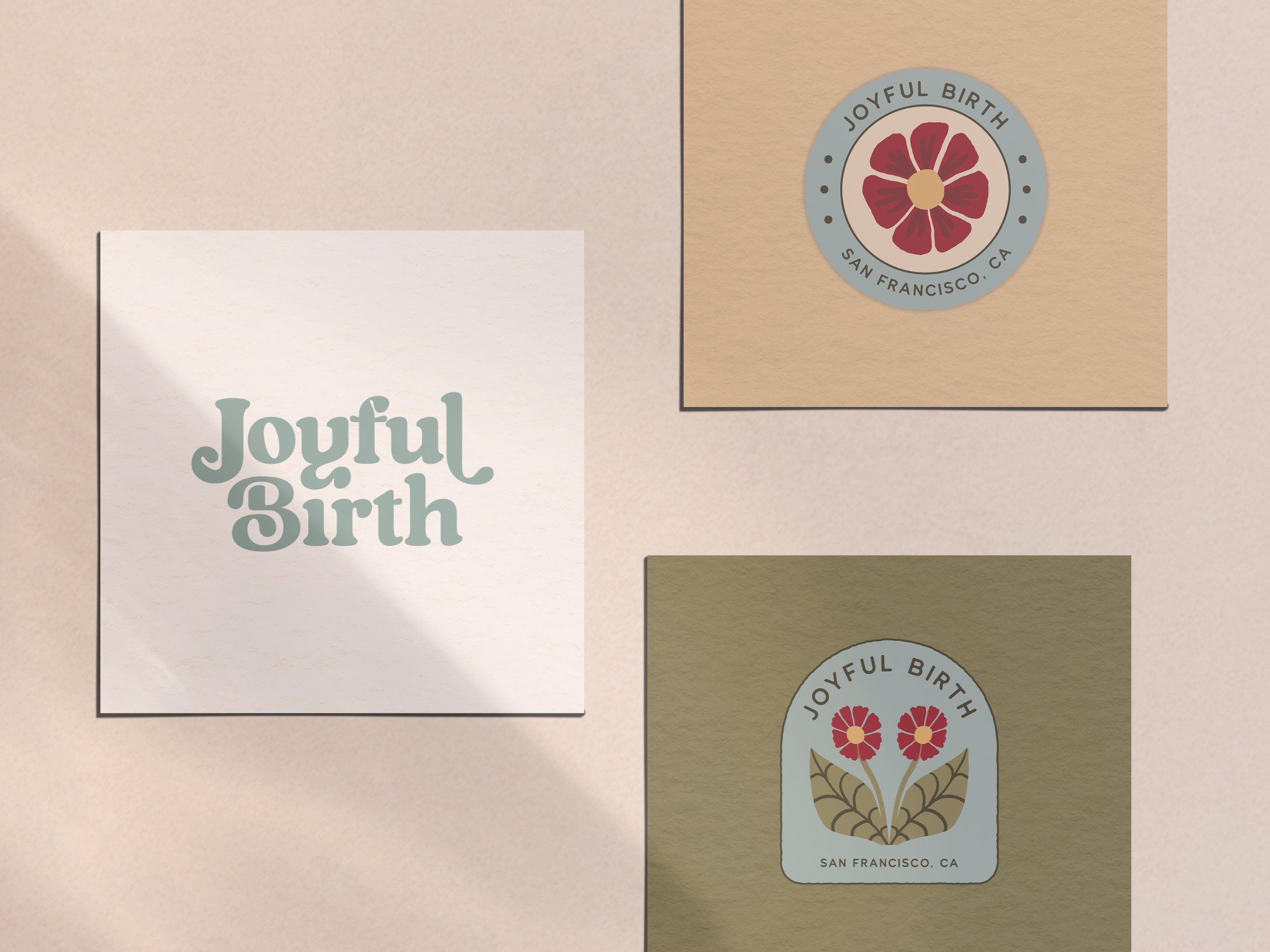 Joyful Birth logo and submarks on paper mockup design