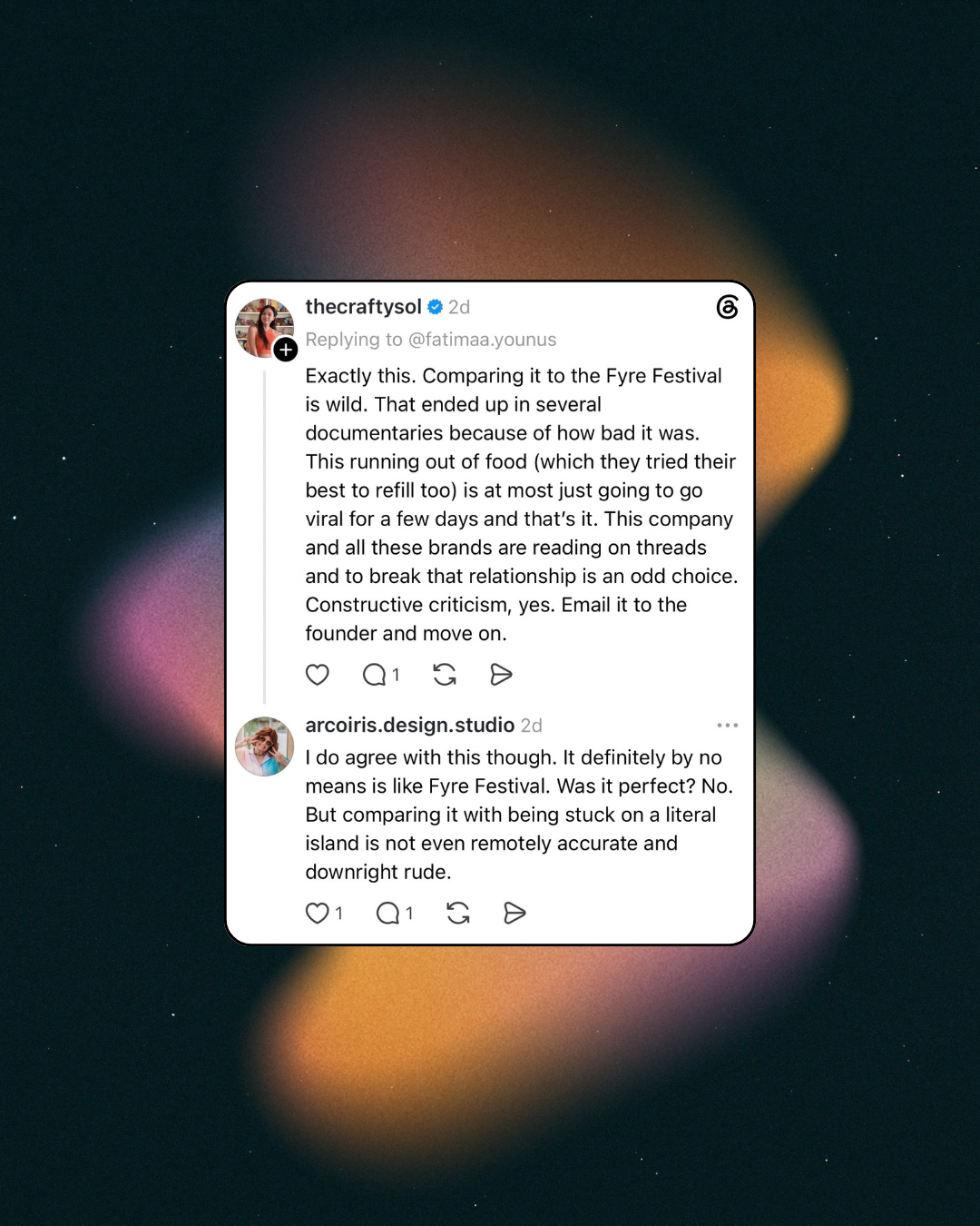 Threads post by Alex agreeing that Create & Cultivate is not like Fyre Frestival.