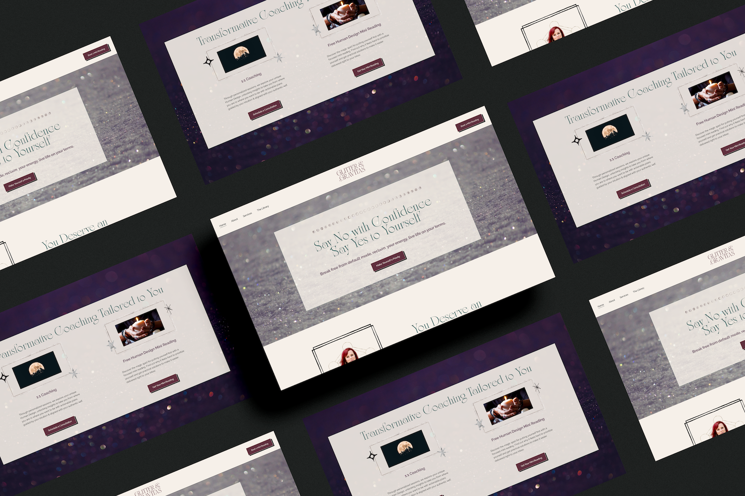 Mockup of home page design for Glitter & Gravitas website