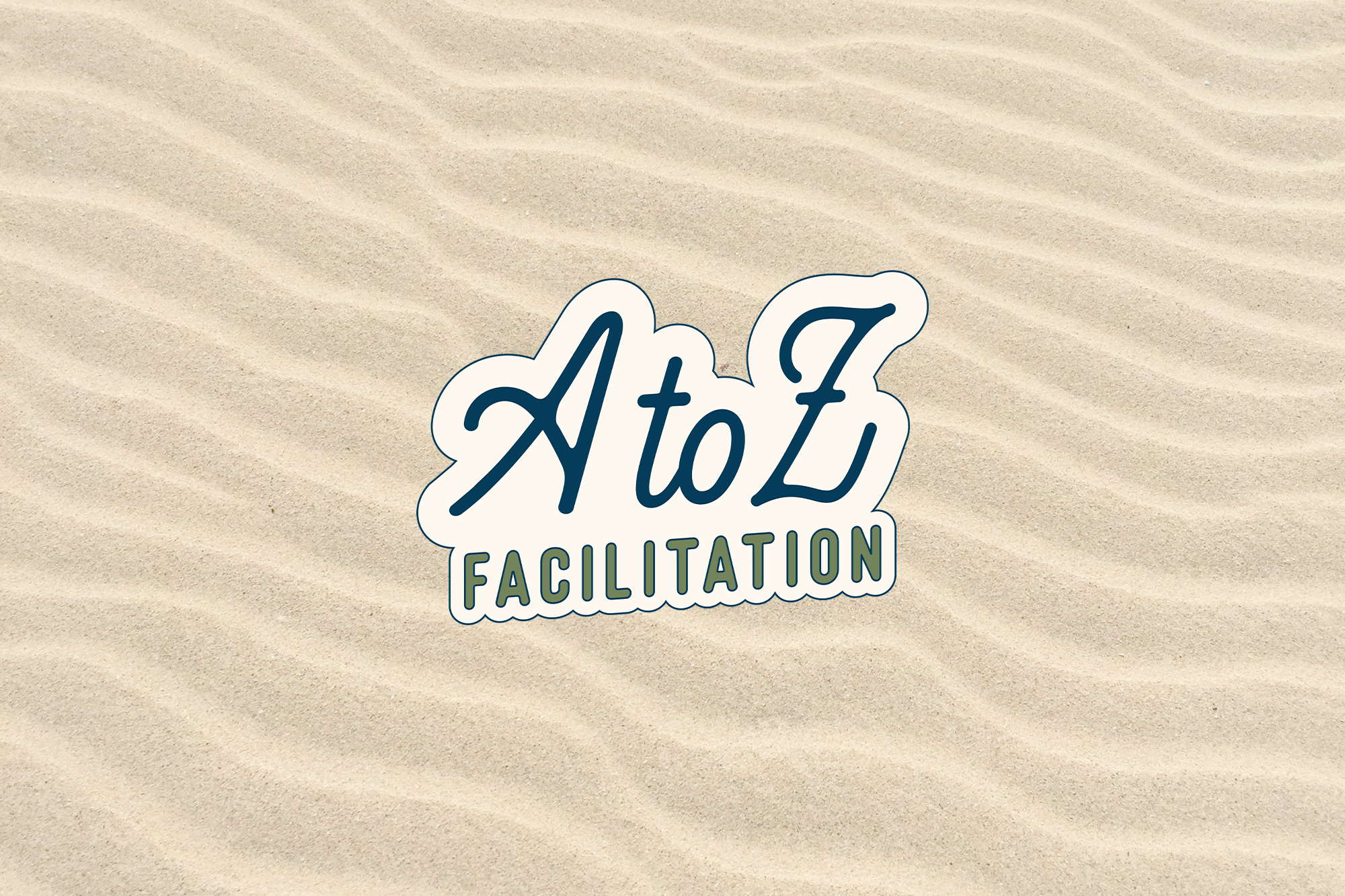 A to Z Facilitation logo design featuring hand-lettered script in a cloud-shaped badge with navy and olive color palette