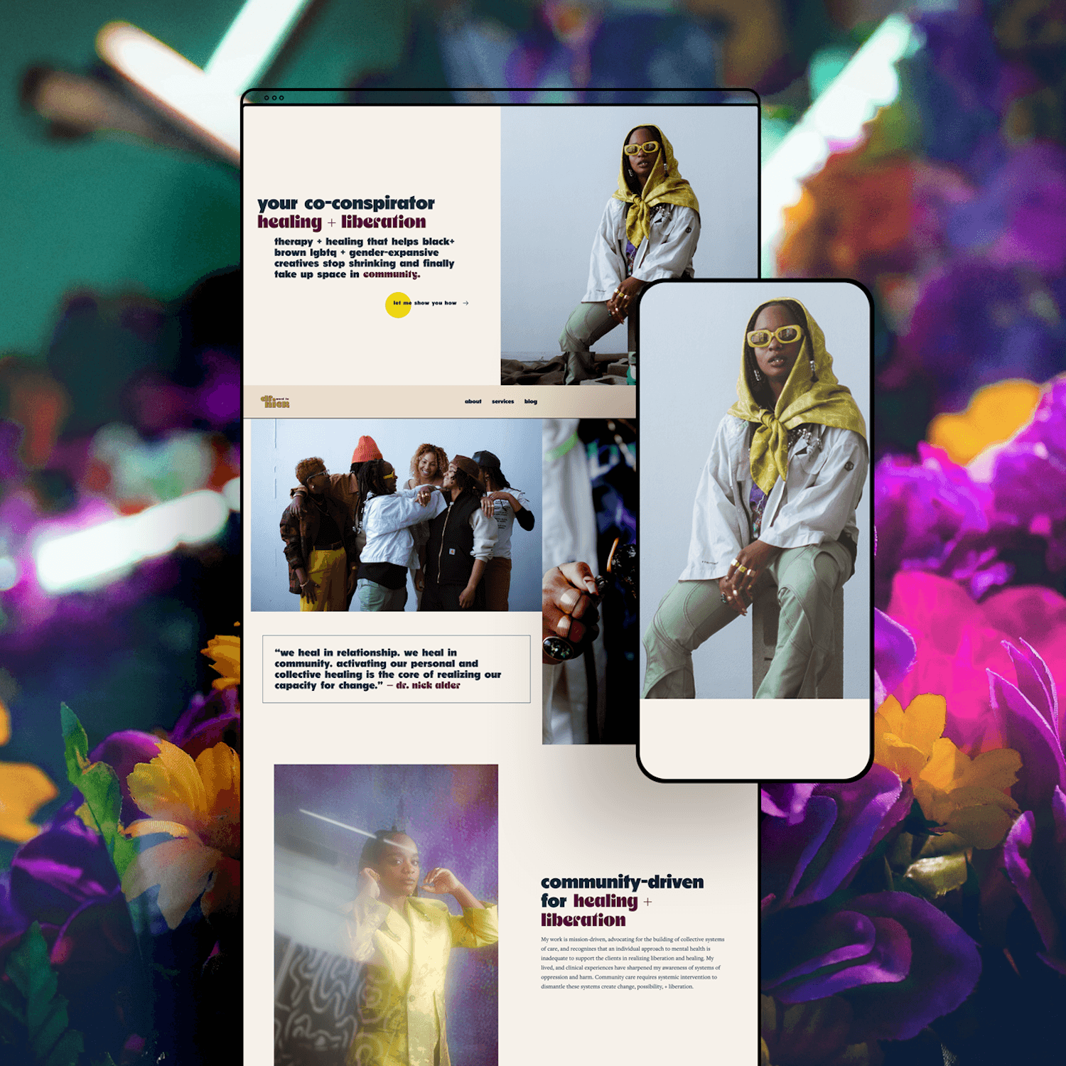 Squarespace website design for Dr. Nick Alder, a community-driven therapist, shown on desktop and mobile