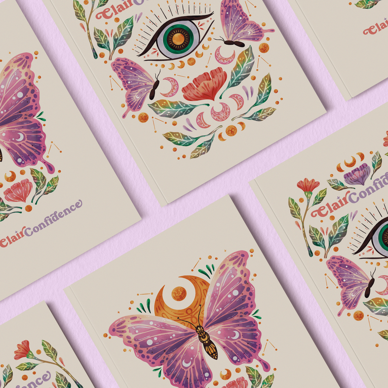 Whimsical watercolor packaging and journal cover design for Trish Taylor's ClairConfidence by Arcoíris Design Studio