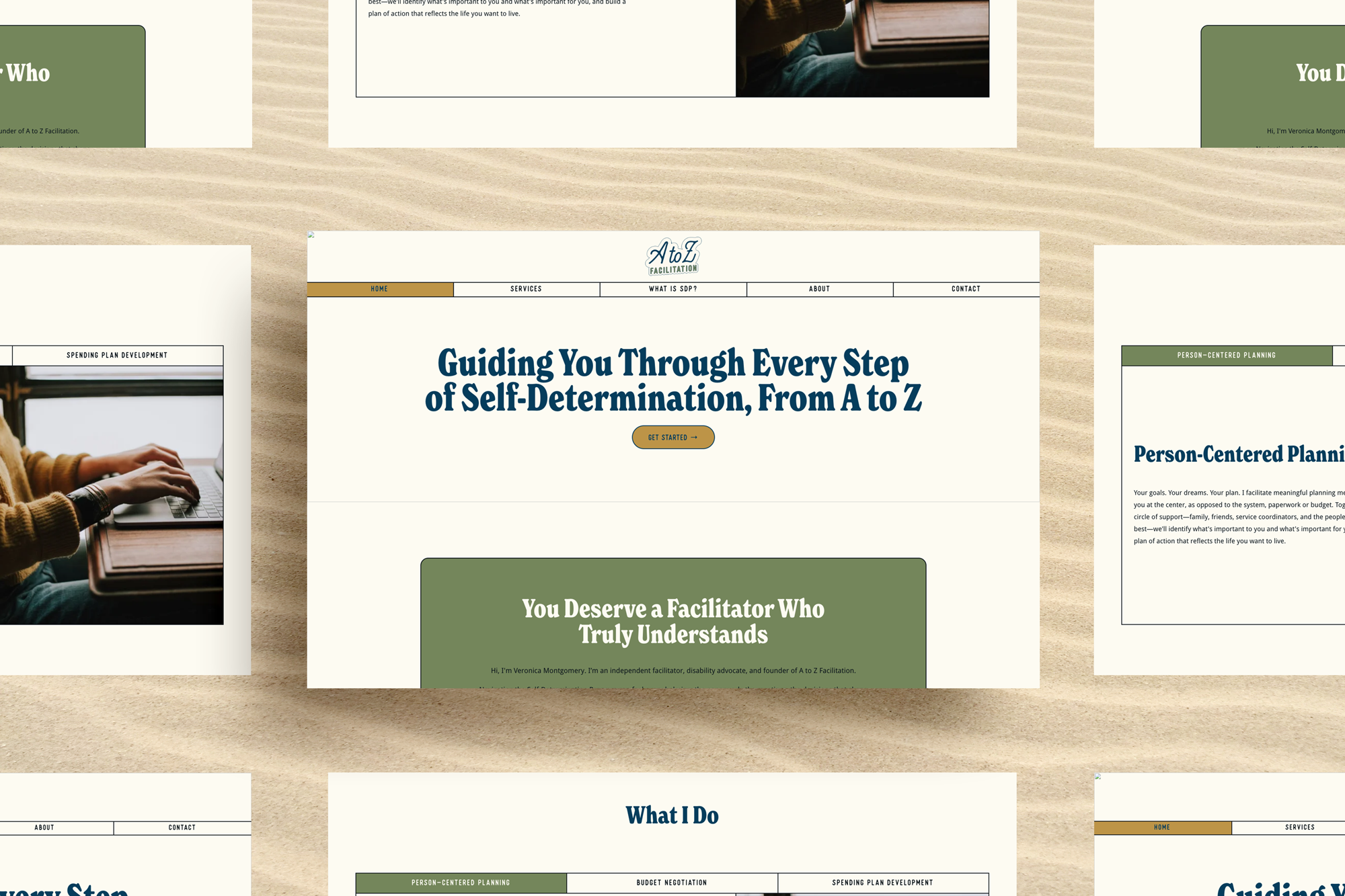A to Z Facilitation one-page Squarespace website mockup displayed on a laptop screen, featuring navy and olive branding, bold serif typography, and anchor link navigation for a San Diego disability advocacy business