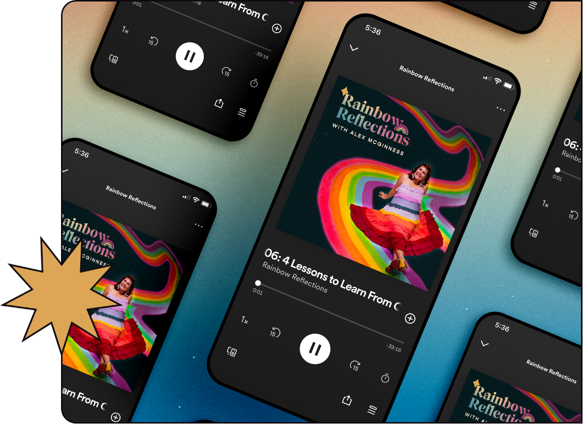 iPhone Mockup of Rainbow Reflections podcast feed