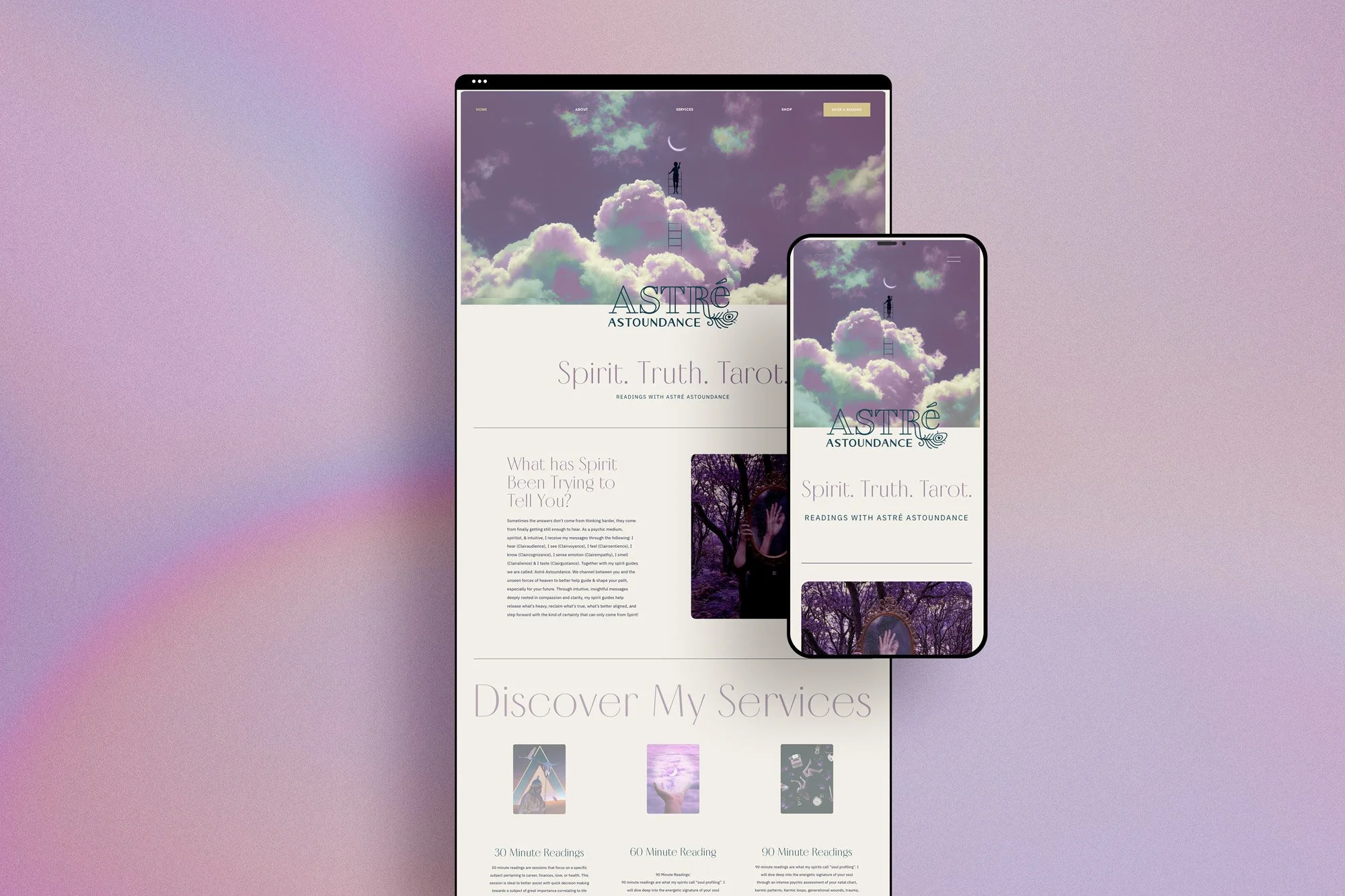 Mockup of psychic medium website on desktop and mobile