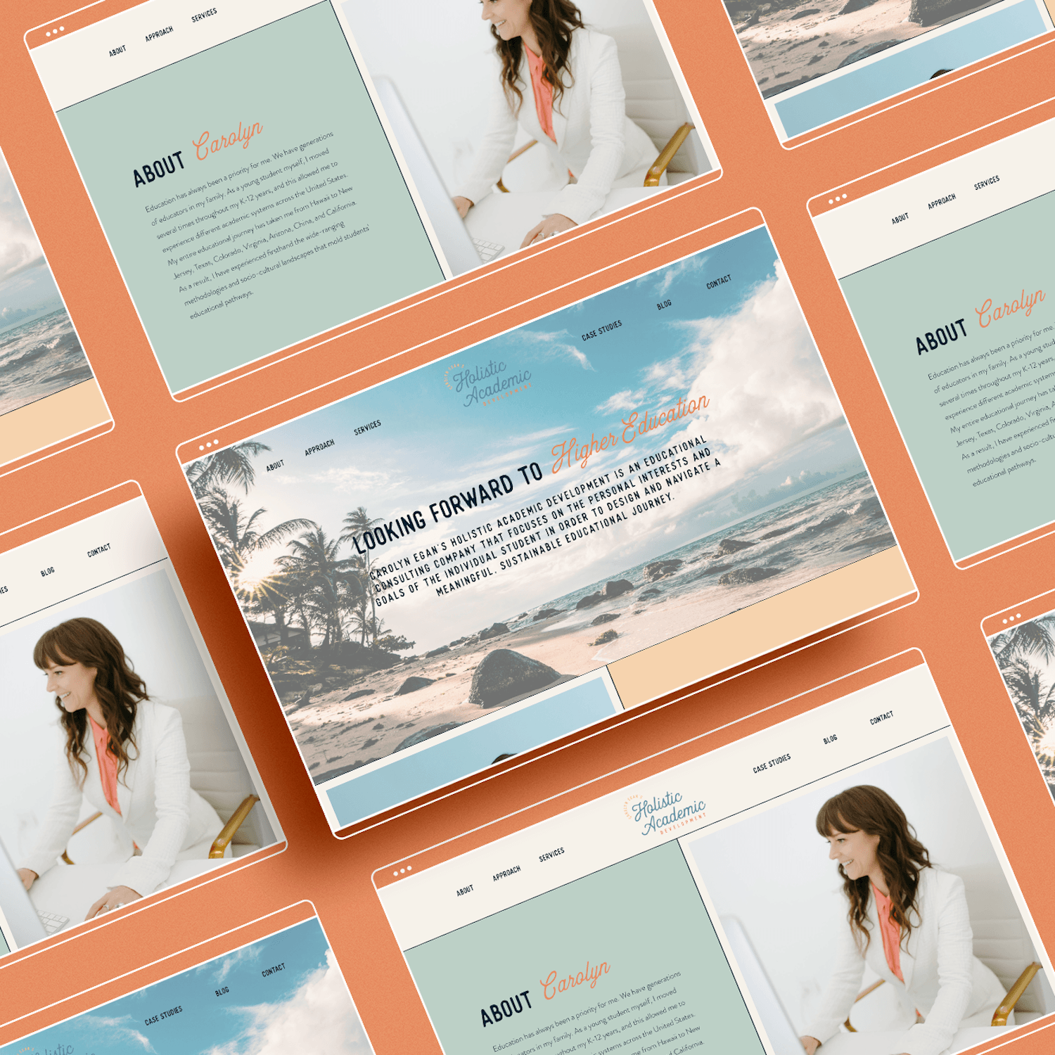Website design for Carolyn Egan's Holistic Academic Development, shown in a colorful mockup collage