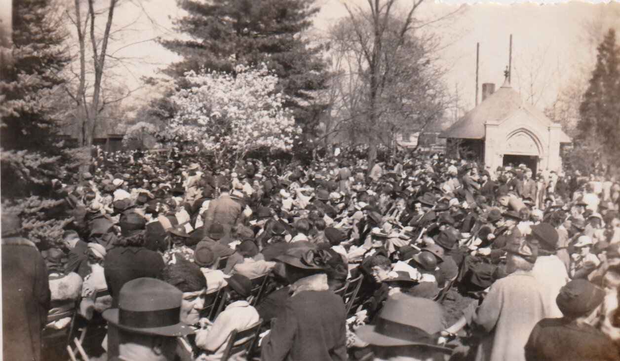 early pilgrimages crowd in frond of grotto.jpg