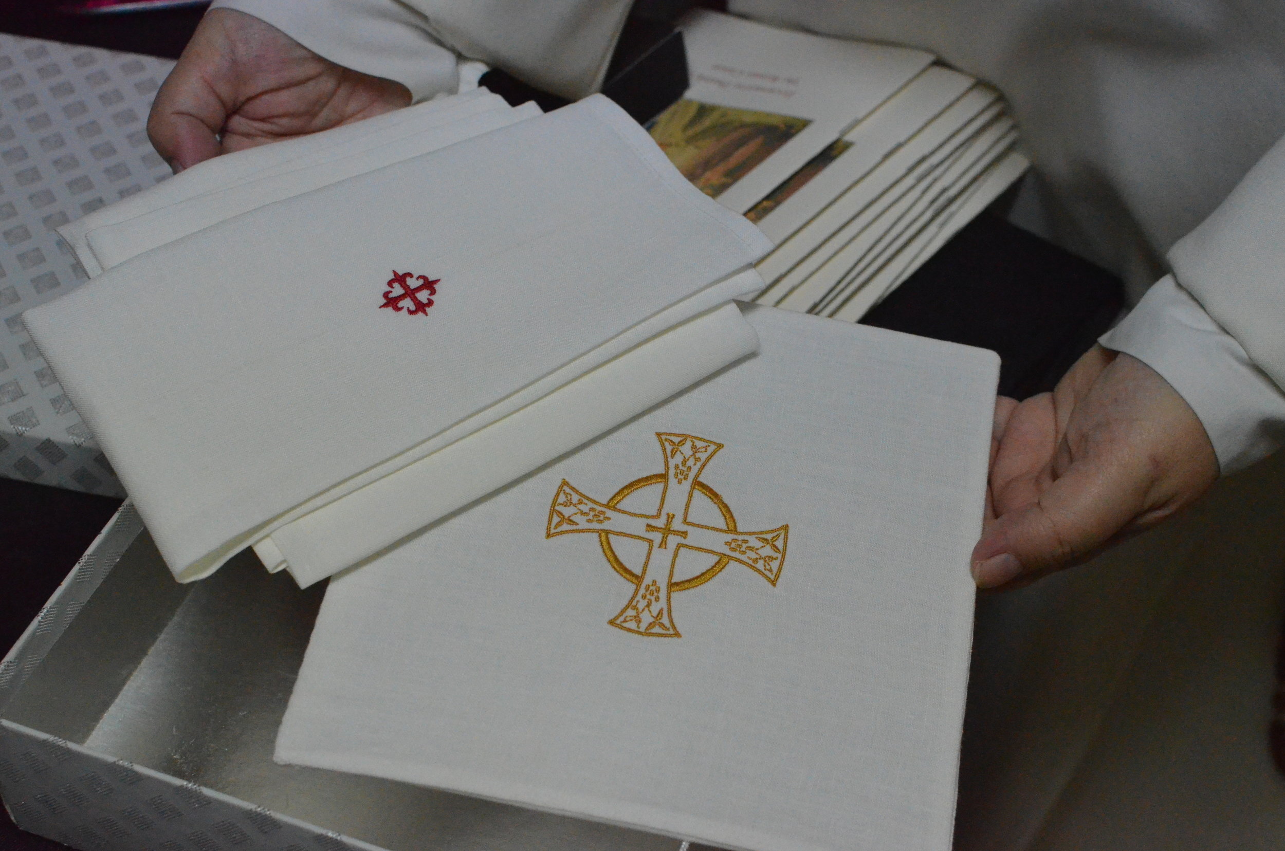 Sr. Mary Catharine made an altar linen set as a 'thank you' for Archbishop Hebda