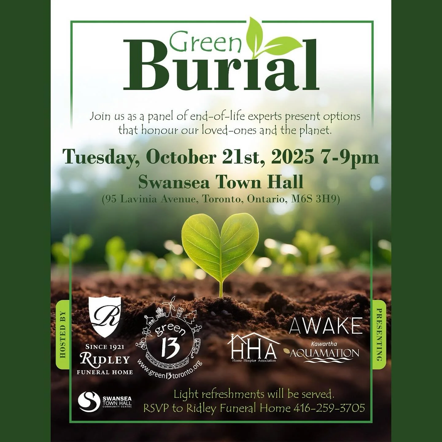 👋 Hey Toronto! Curious about eco-conscious options for end-of-life planning? 

🍃Join us at @swanseatownhall Community Centre this evening for a talk on honouring our loved ones and the planet, with experts from across the field.

Green Burial Panel