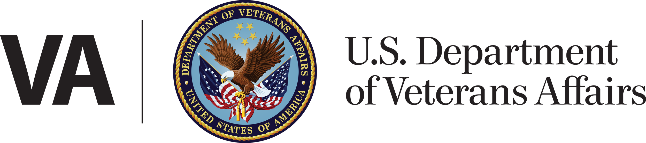 U.S. Department of Veterans Affairs seal with an eagle in front of American flags between VA and U.S. Department of Veterans Affairs text.