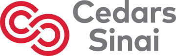 Logo of Cedars Sinai featuring red intertwined circles and grey text