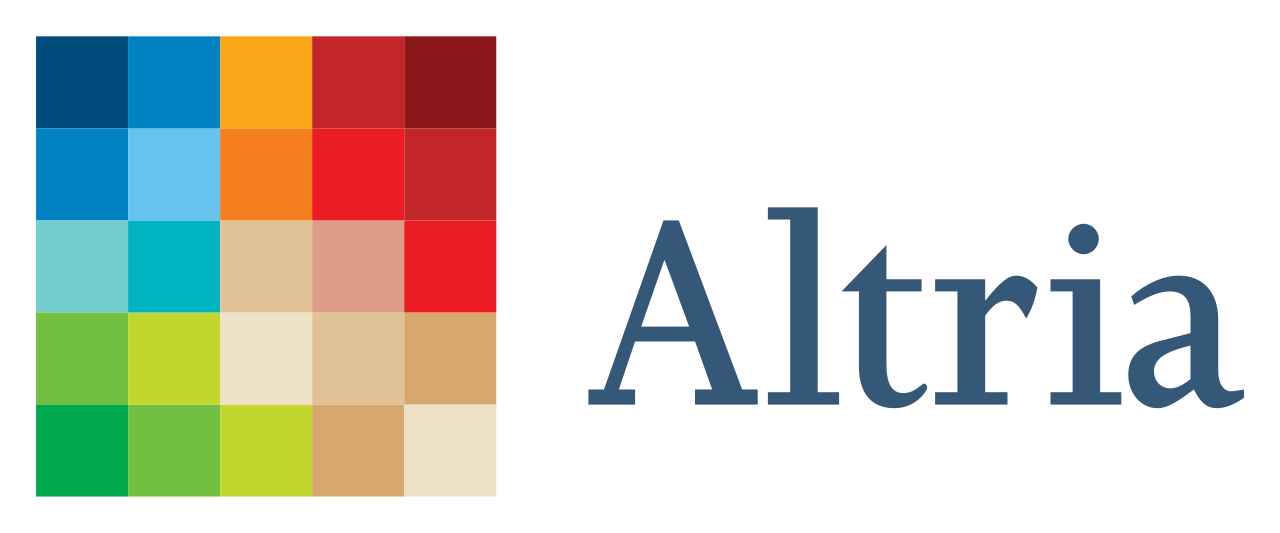 Color palette grid with multiple shades including red, blue, beige, green, and other colors, next to the text 'Altria' in dark blue.