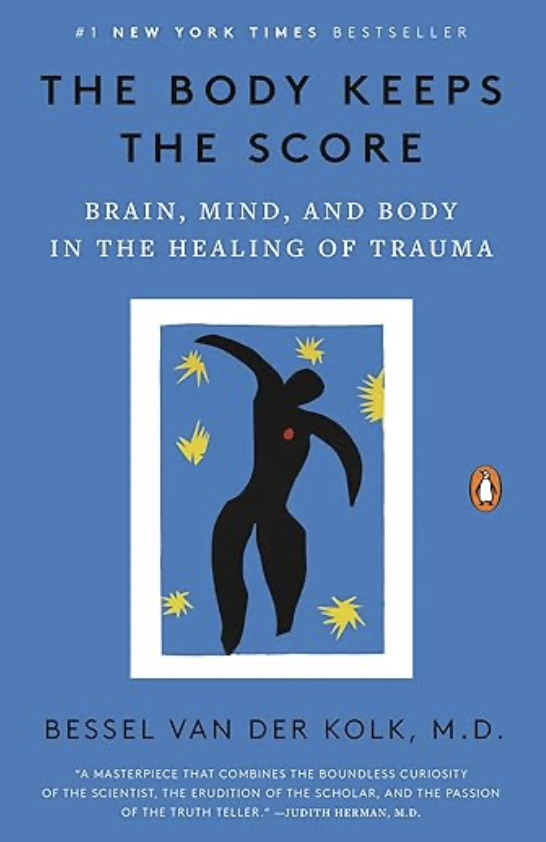 Book cover for 'The Body Keeps the Score' by Bessel Van Der Kolk. The cover features a blue background with an abstract black human figure surrounded by yellow star-like shapes. Title and author are in black and white text.