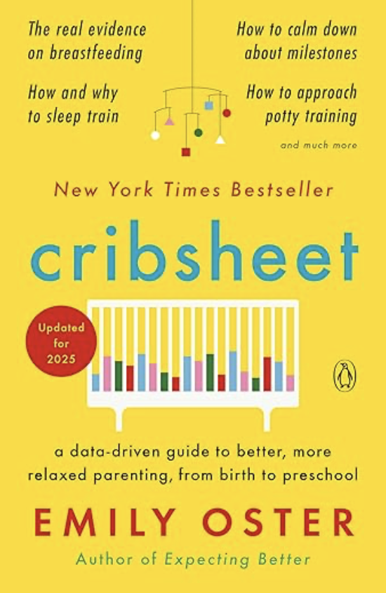 Book cover of 'Cribsheet' by Emily Oster, with a yellow background, title in large blue font, illustration of a colorful crib with bars, and text highlighting topics like breastfeeding, sleep training, milestones, potty training, and parenting from birth to preschool.