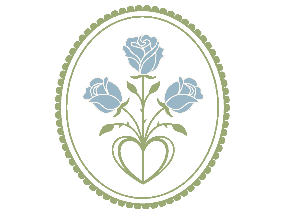 A badge featuring three blue roses with green stems and leaves, arranged in a heart-shaped pattern within an oval border.