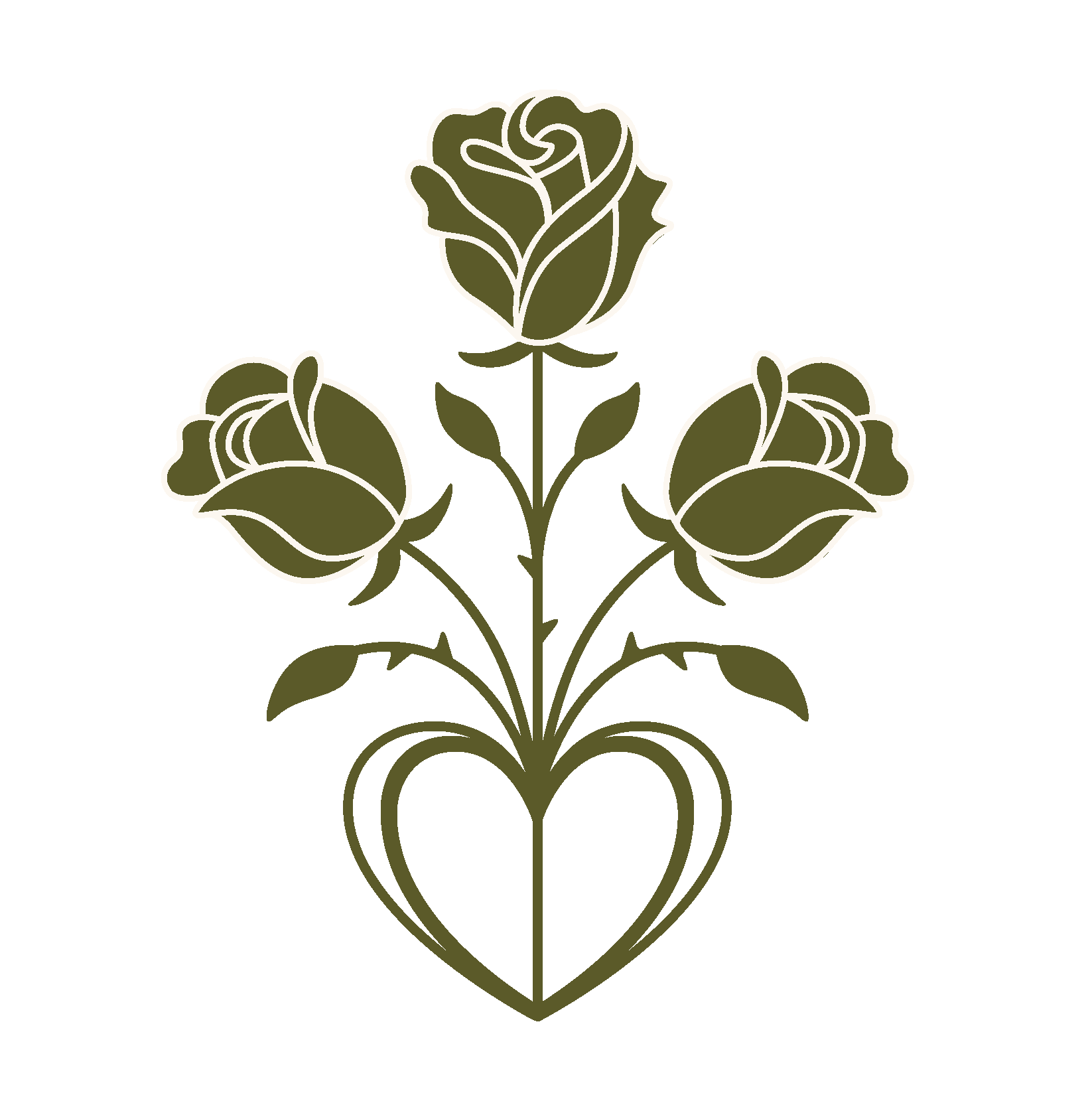 Outline illustration of a symmetrical flower with three blooms arranged vertically, colored in olive green against a black background.