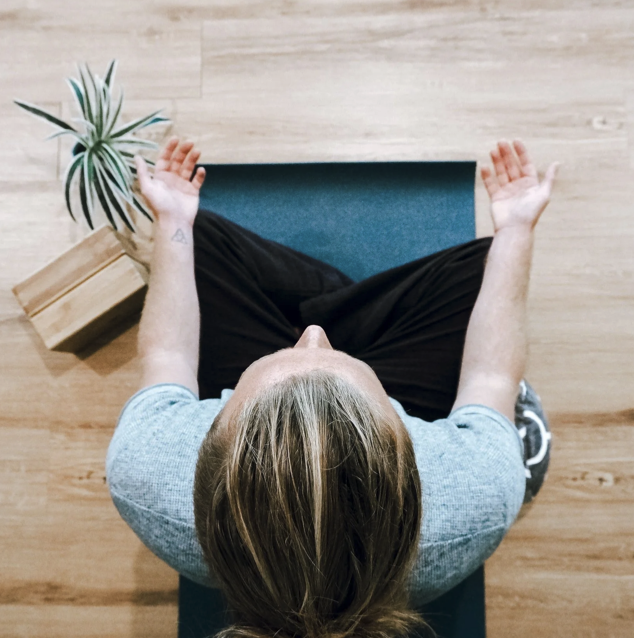 A person practicing meditation on a yoga mat indoors next to a potted plant.