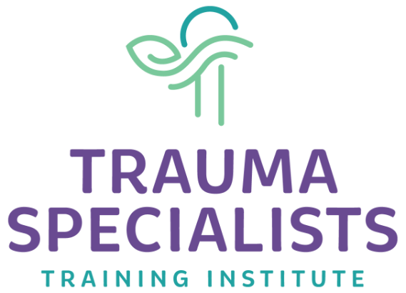 Logo for Trauma Specialists Training Institute featuring a stylized leaf or plant with green and purple colors.