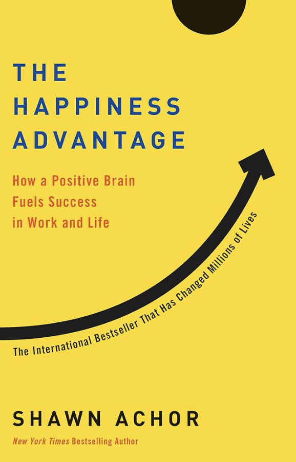 The cover of a book titled 'The Happiness Advantage' by Shawn Achor, featuring a yellow background, blue and red text, and an upward arrow indicating success or growth.