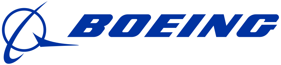 Boeing logo with stylized airplane symbol in blue and the word 'BOEING' in bold blue letters.