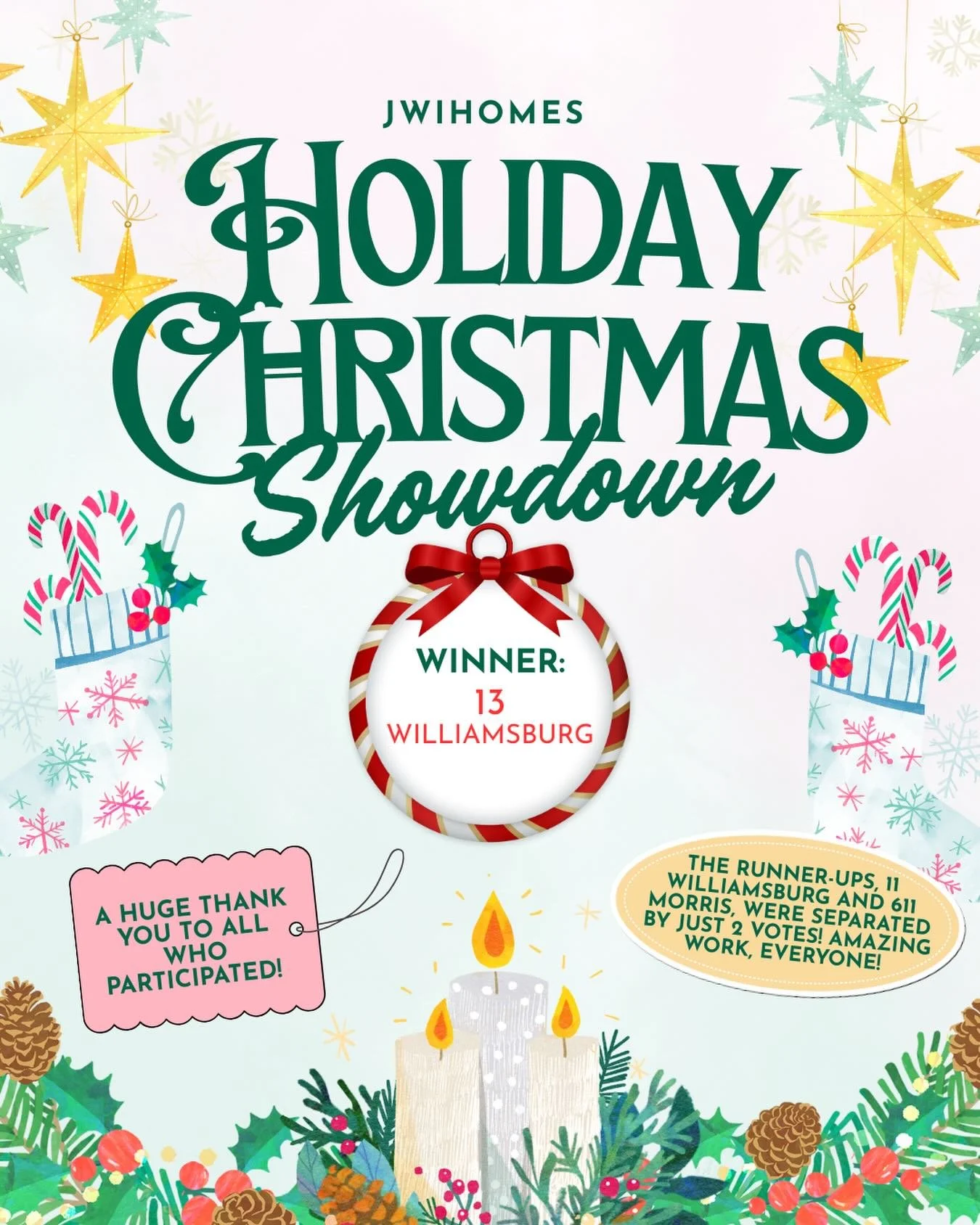 Congratulations to 13 Williamsburg for winning the JWI Holiday Christmas Showdown!
A big thank you to everyone who participated, decorated, and shared their votes! it was so fun to see all the festive spirit! ❄️🏠🎄
Happy Holidays from all of us at J