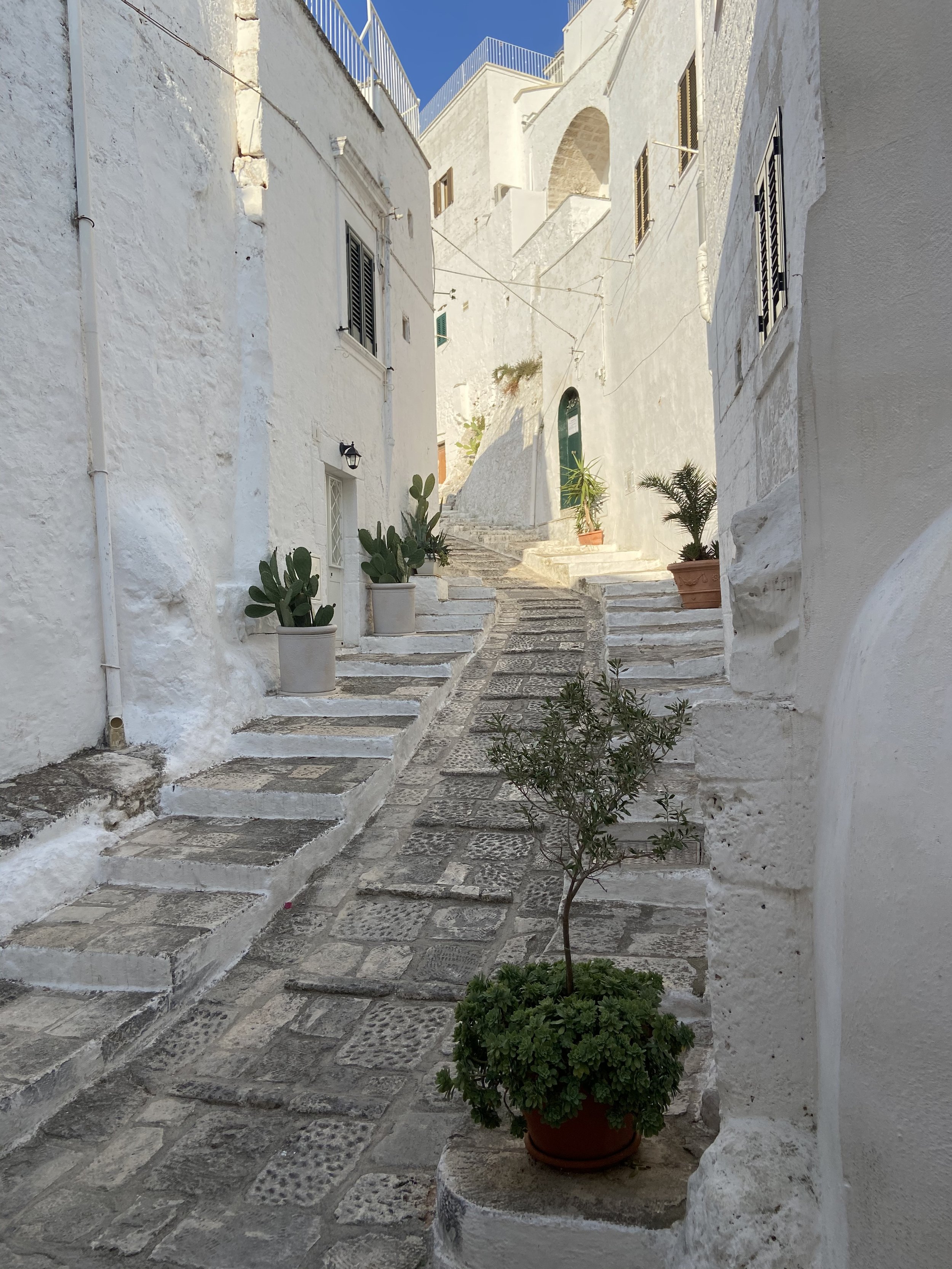 Narrow cobblestone street in Ostuni, Puglia with whitewashed buildings, potted plants, and stairs leading upward under a clear blue sky.