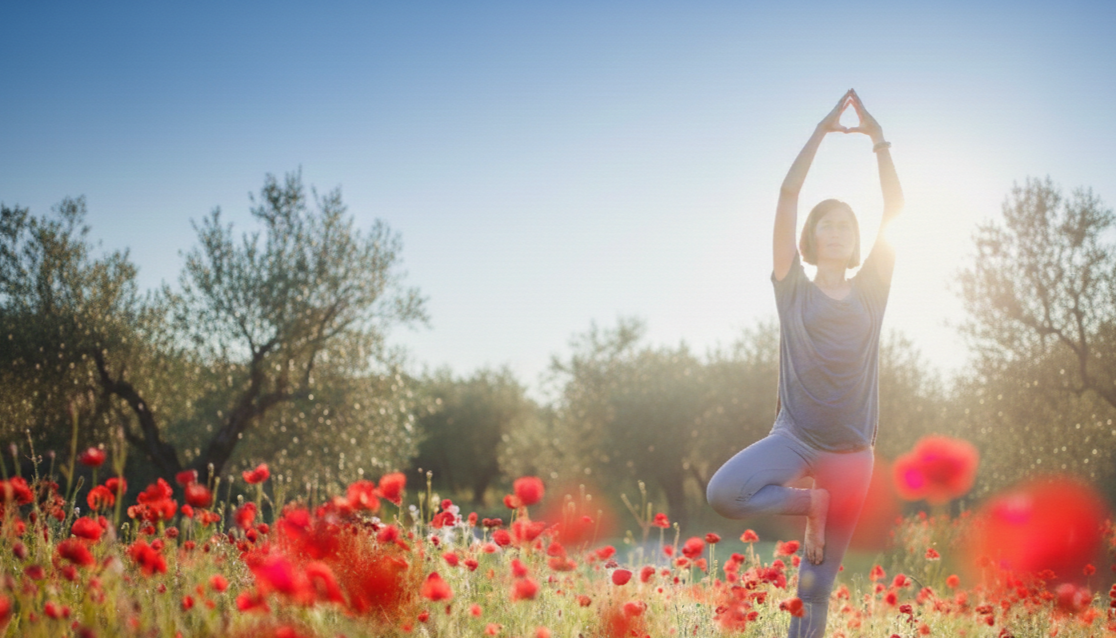 Yoga in field with poppies