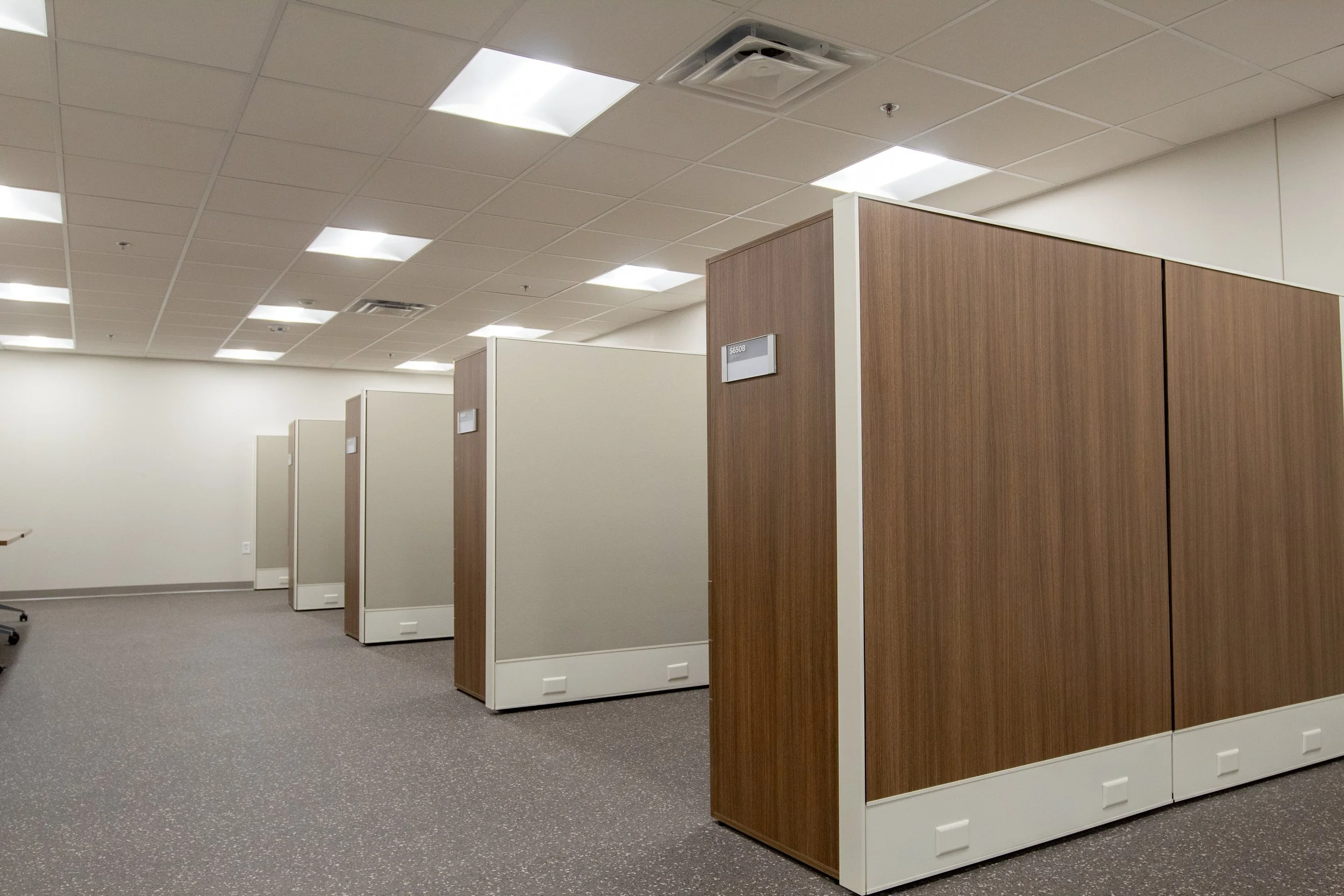 Empty office cubicles with beige and wood paneling in a well-lit room.