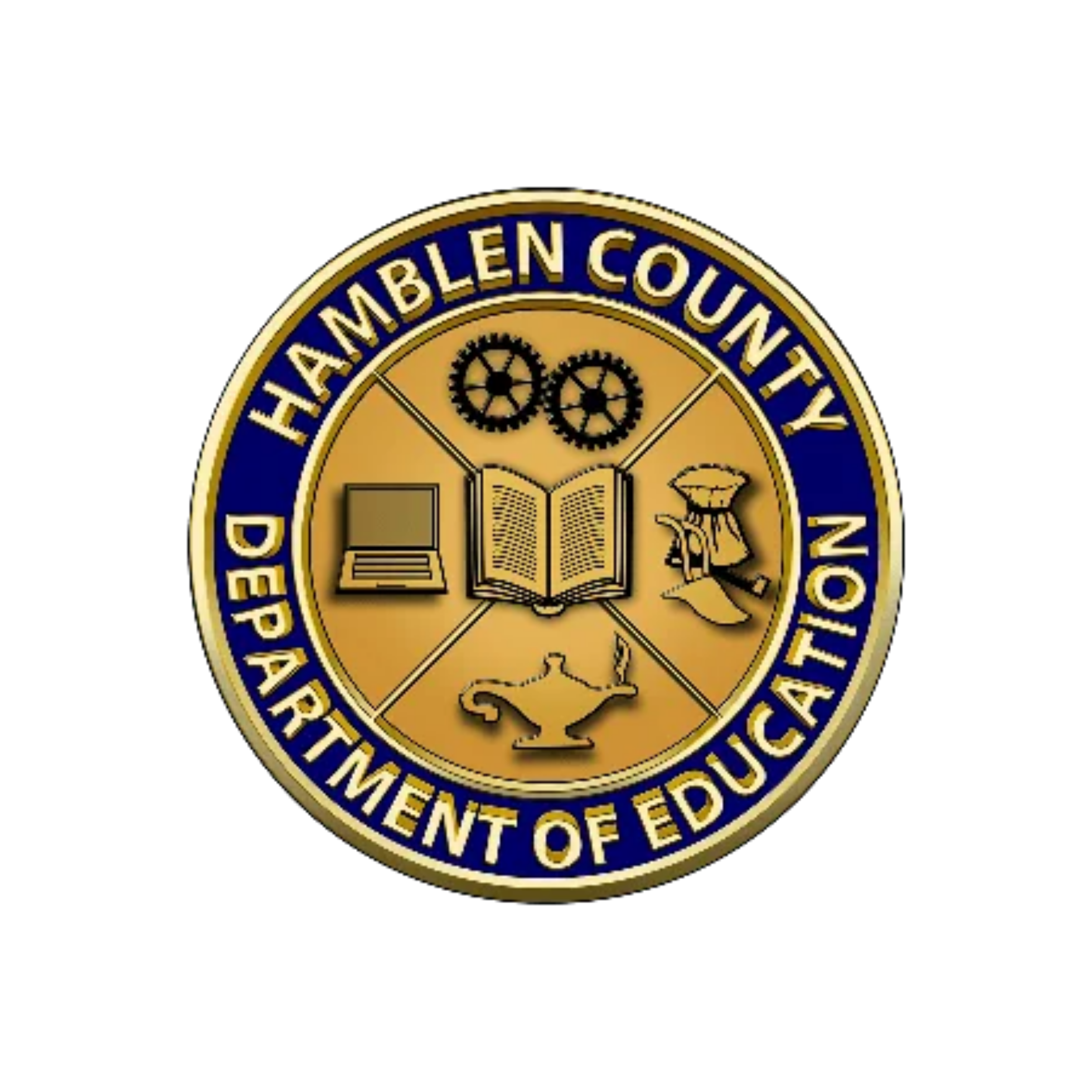 Hamblen County School Department of Education Logo with a book in the middle, a computer laptop, a pair of cog gears, a jeanie lamp and science equipment.