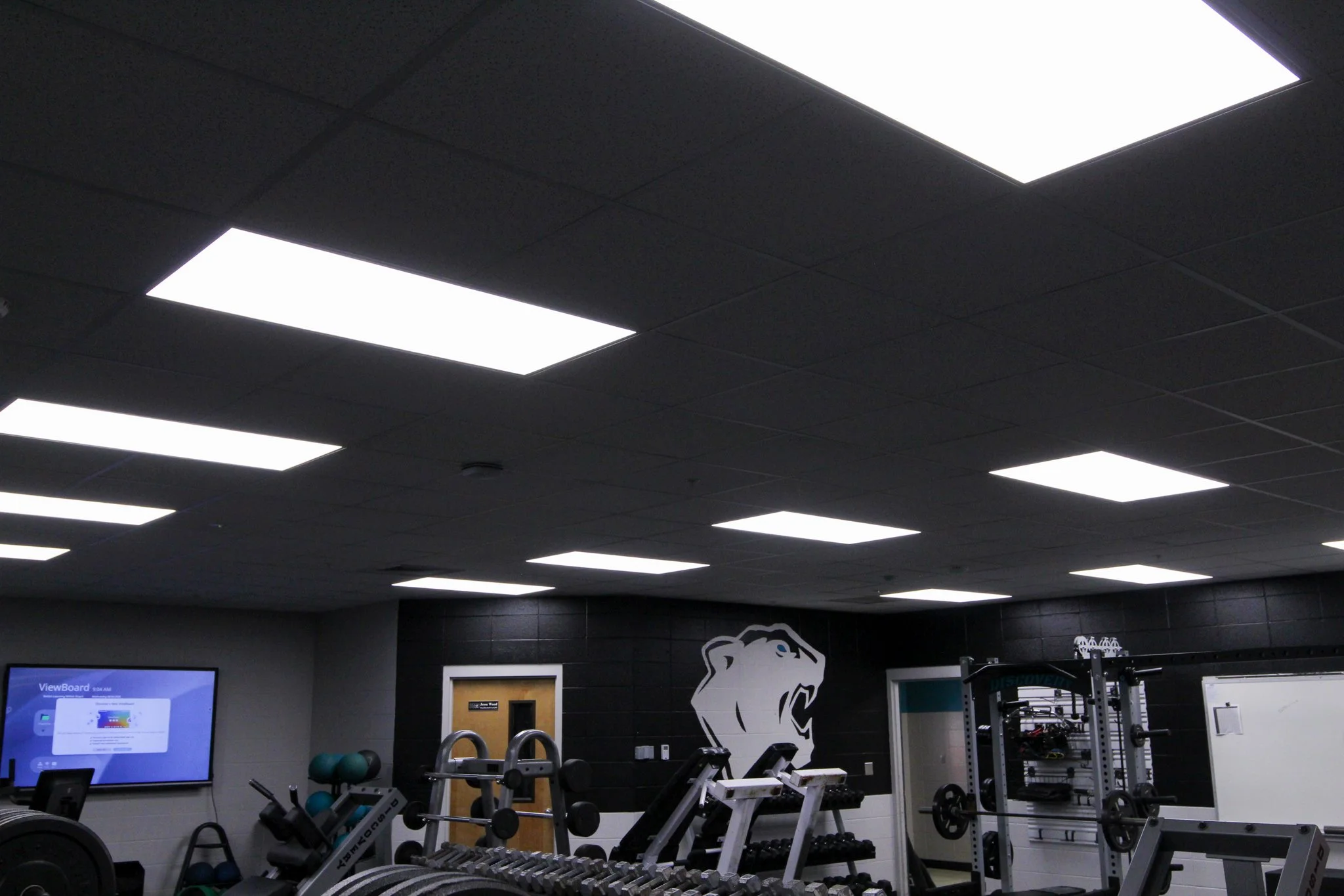 Inside a gym with workout equipment, including dumbbells, exercise machines, and a large bear mascot logo on the wall. Overhead fluorescent lighting illuminates the space.
