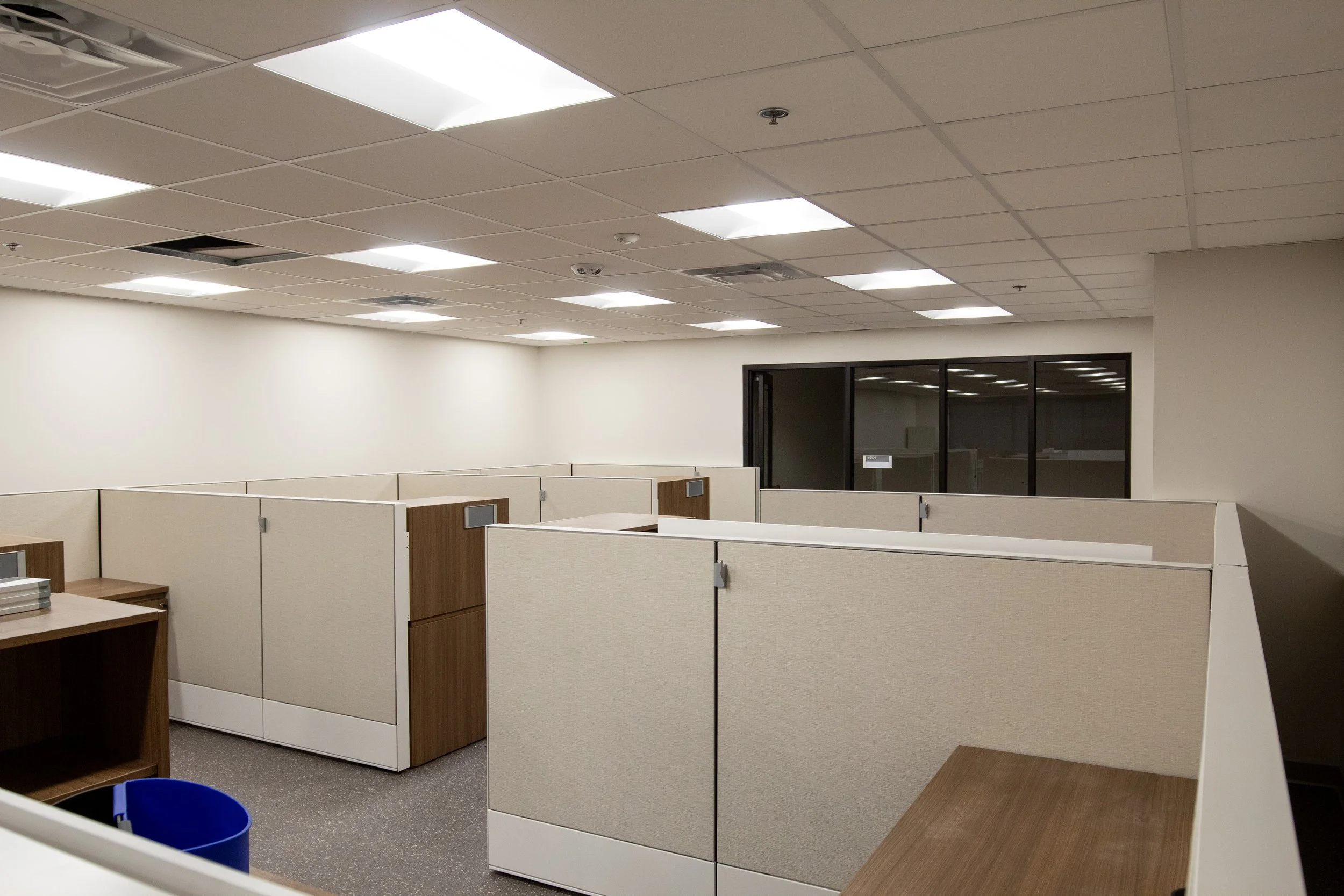 Empty office cubicles with beige panels, brown desks, and a blue waste bin in the corner, under a ceiling with white panels and fluorescent lights.