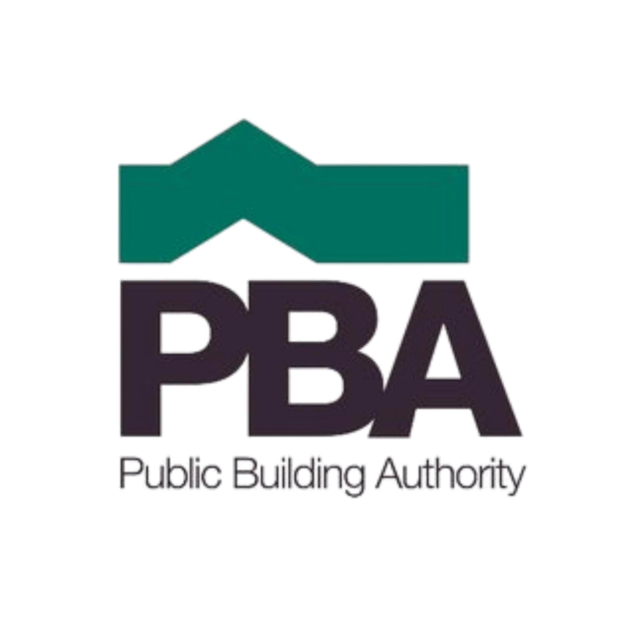 Logo of the Public Building Authority in Knoxville, Tennessee, featuring a stylized house with a peaked roof in green, with the acronym 'PBA' in large black letters underneath, and the full name 'Public Building Authority' below.