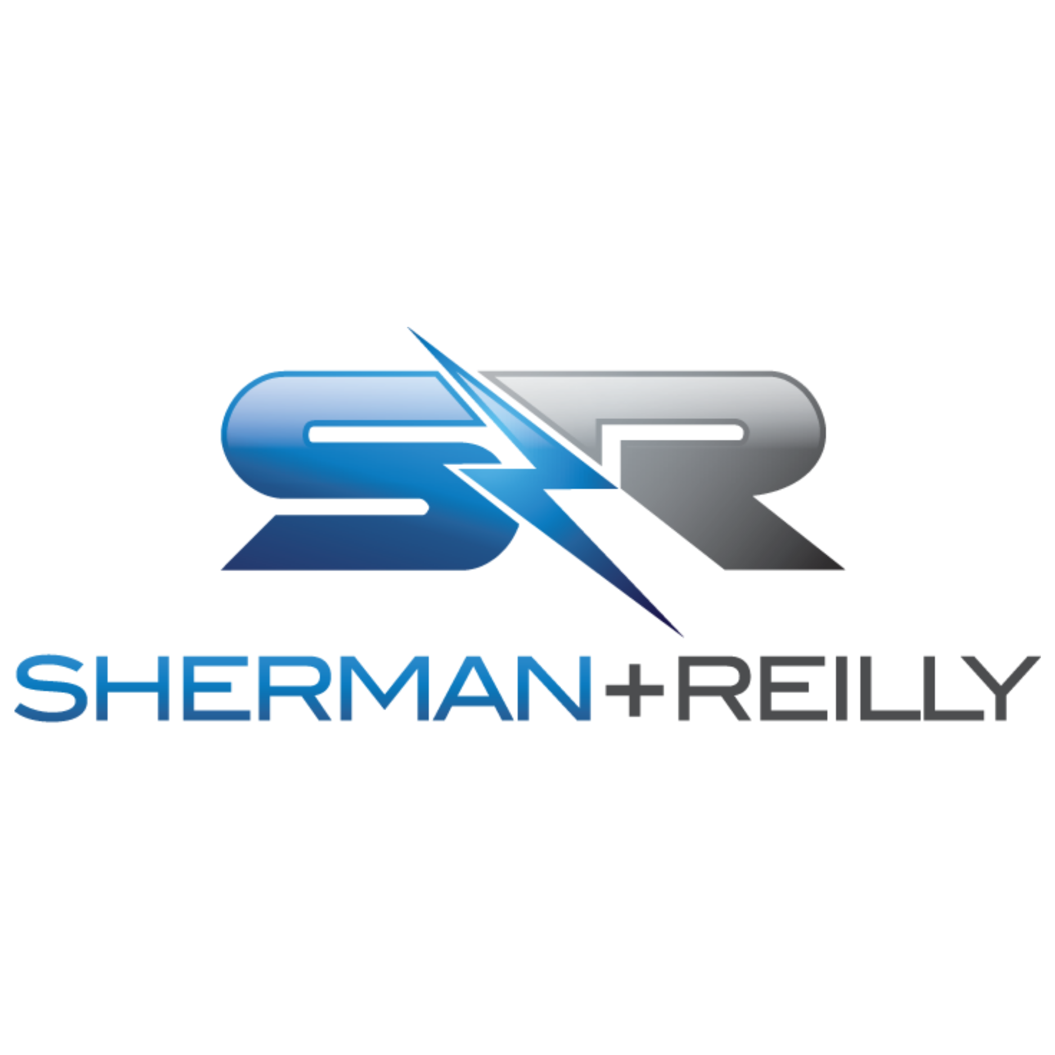 S R logo with a lightning bolt dividing the initials, with 'SHERMAN+REILLY' written below in blue and gray letters.