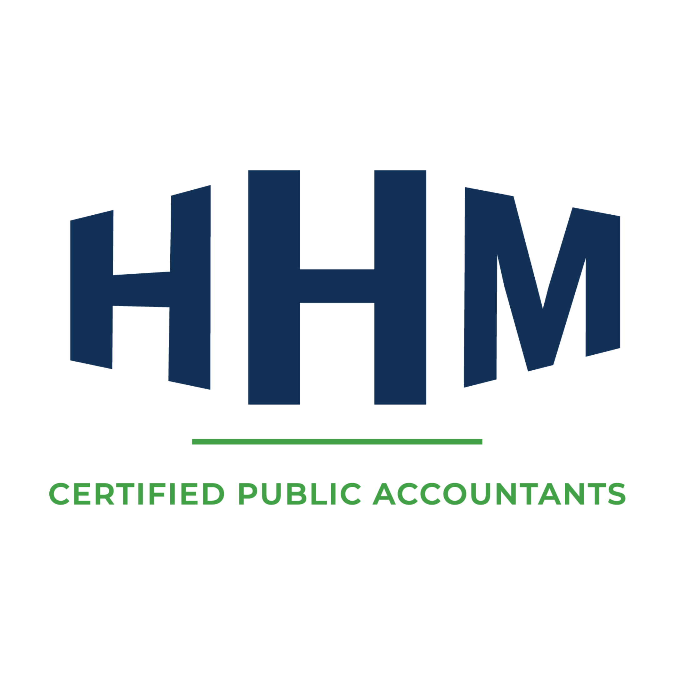 Logo for HHHM Certified Public Accountants featuring the letters HHHM in 3D dark blue with green text underneath that reads 'Certified Public Accountants'.