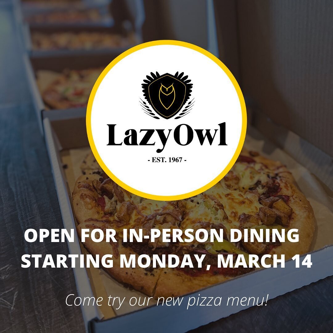 We are very excited to offer in-person dining again on Monday, March 14! We will be open Monday-Friday, 11:30 am-8:00 PM so come and grab a pizza and one of our many local beers on tap! ⁠
Take-out is still available for those wishing to take their fo