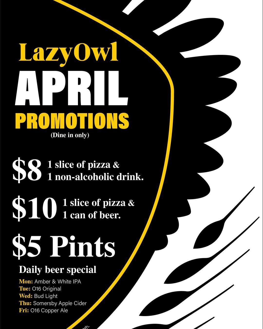 The Lazy Owl will be closing for the spring/summer season at the end of the week, so get your pizza before it's too late!  We've got lots of food and drink deals so come on down!
Even though The Lazy Owl will be closing, we are still available for ev