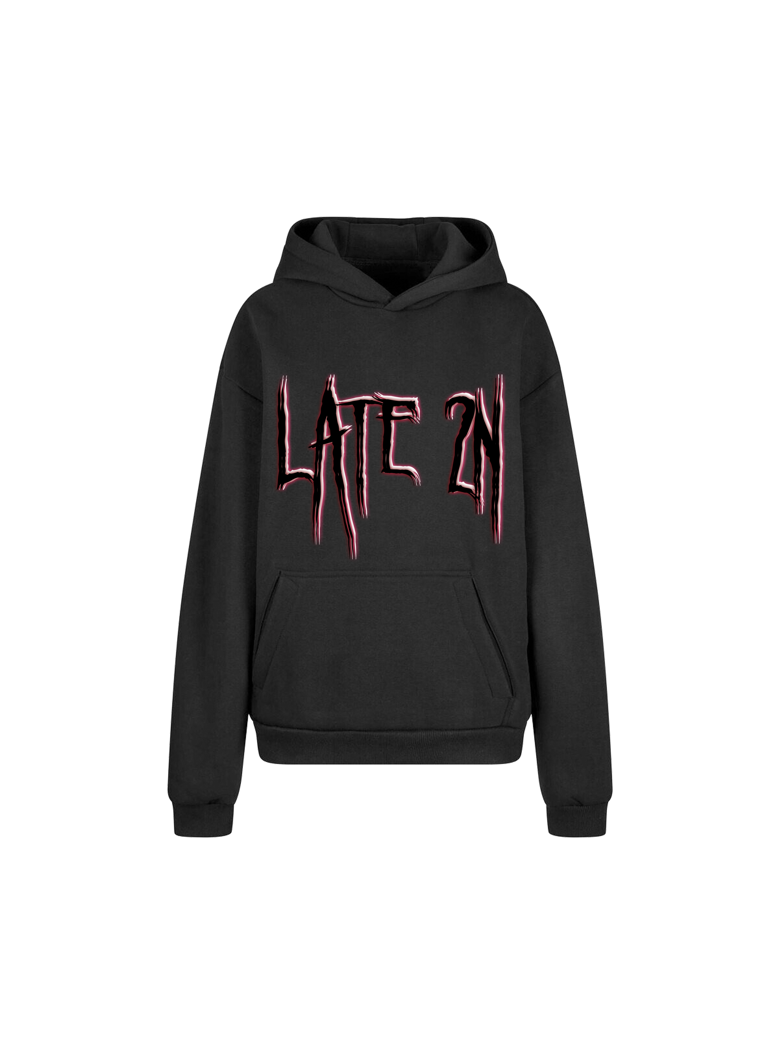 Black hoodie with neon pink and white text that says 'LATE 2N' on the front.