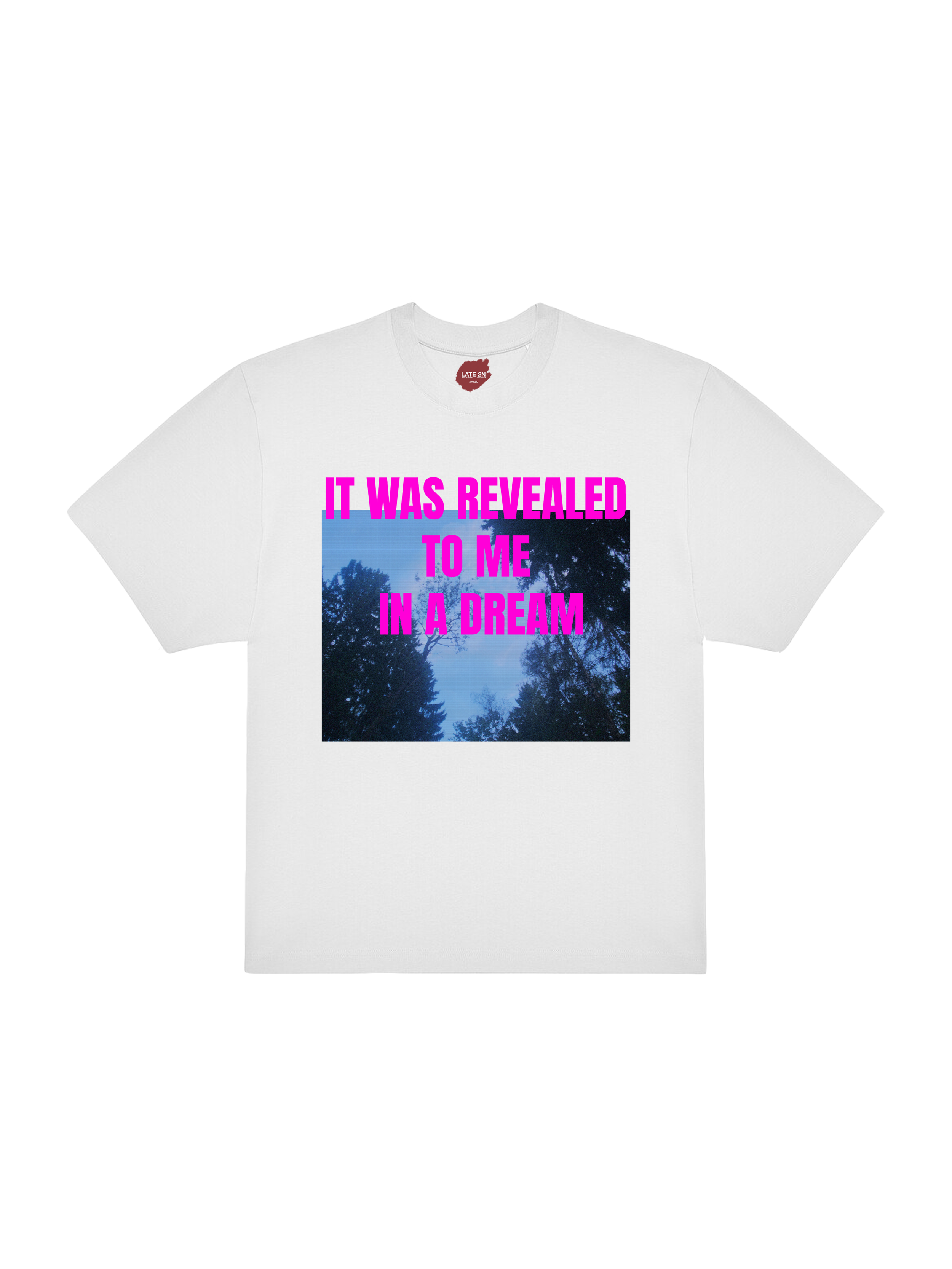 White t-shirt with a graphic of a moonlit forest scene and pink text that says "IT WAS REVEALED TO ME IN A DREAM".