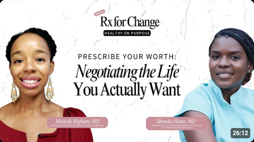 Promotional graphic for a podcast episode titled 'Rx for Change' with the theme 'Healthy on Purpose.' It features two women, Michelle Hepburn, MD, a physical entrepreneur and health & wealth strategist, on the left, and Sheneka Horne, MD, a pediatrician and negotiation coach, on the right.