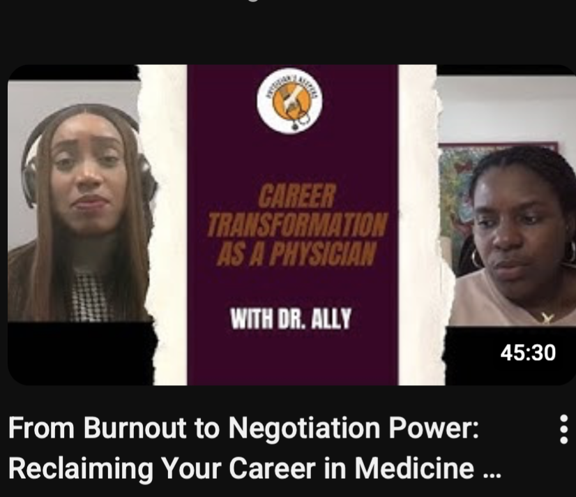  Cover photo for a video titled 'Career Transformation as a Physician with Dr. Ally.' The video features two women, on the left, Dr Ally wearing headphones and Dr Sheneka on the right, in a discussion about career development in the medical field.