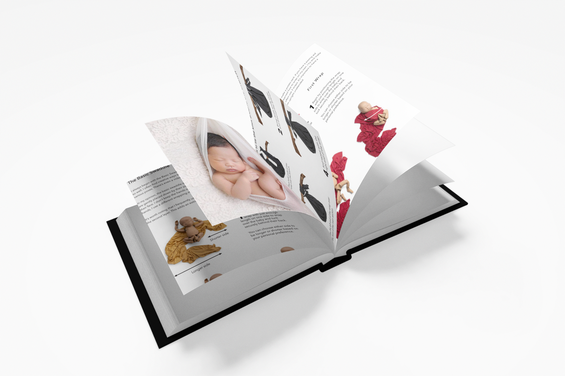 A black open book with printed instructions and images, including a photo of a sleeping newborn baby wrapped in a hooded blanket, and fabric swatch samples for baby clothing.