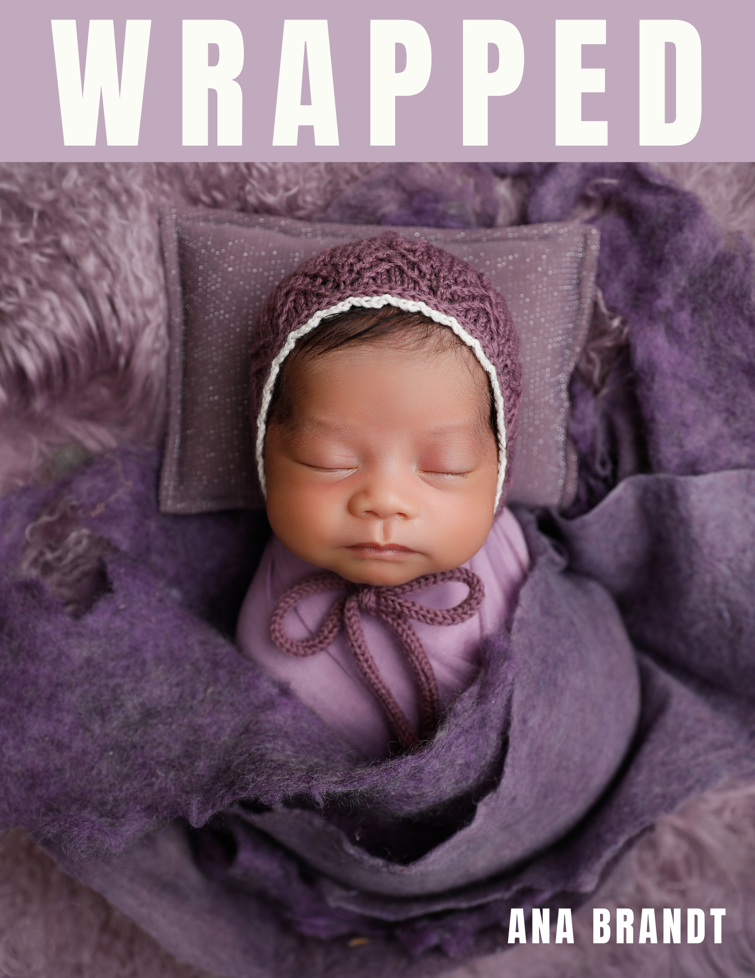 A sleeping baby wrapped in purple blankets, wearing a knitted hat, lying on a purple pillow with a focus on peaceful expression.
