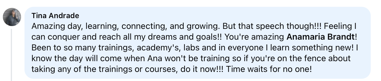 A Facebook comment from Tina Andrade praising Anamaria Brandt and encouraging others to take training courses.