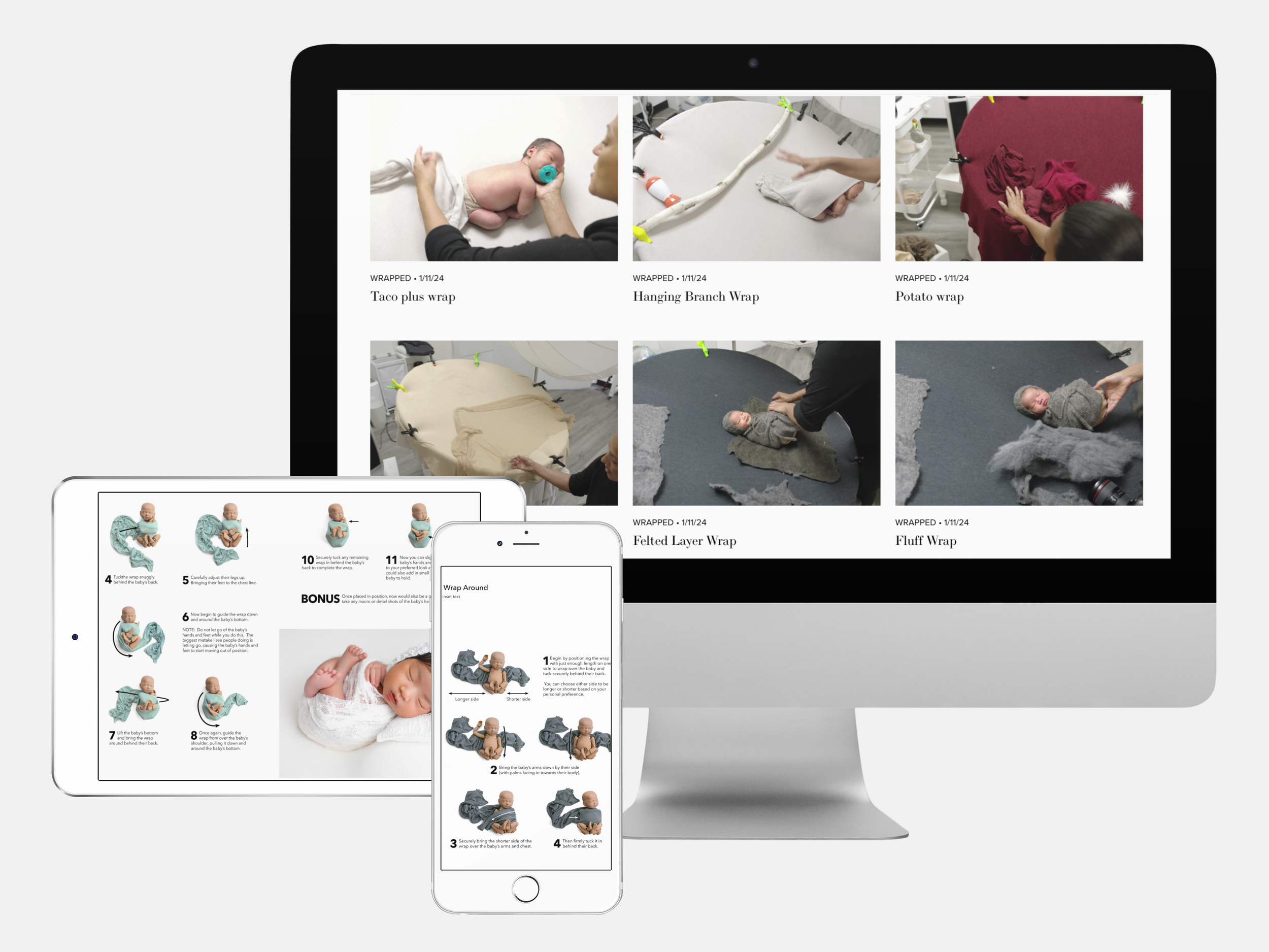 Displays a computer, tablet, and smartphone showing step-by-step instructions and images for baby wrapping techniques, including various types of swaddles and how to do them.