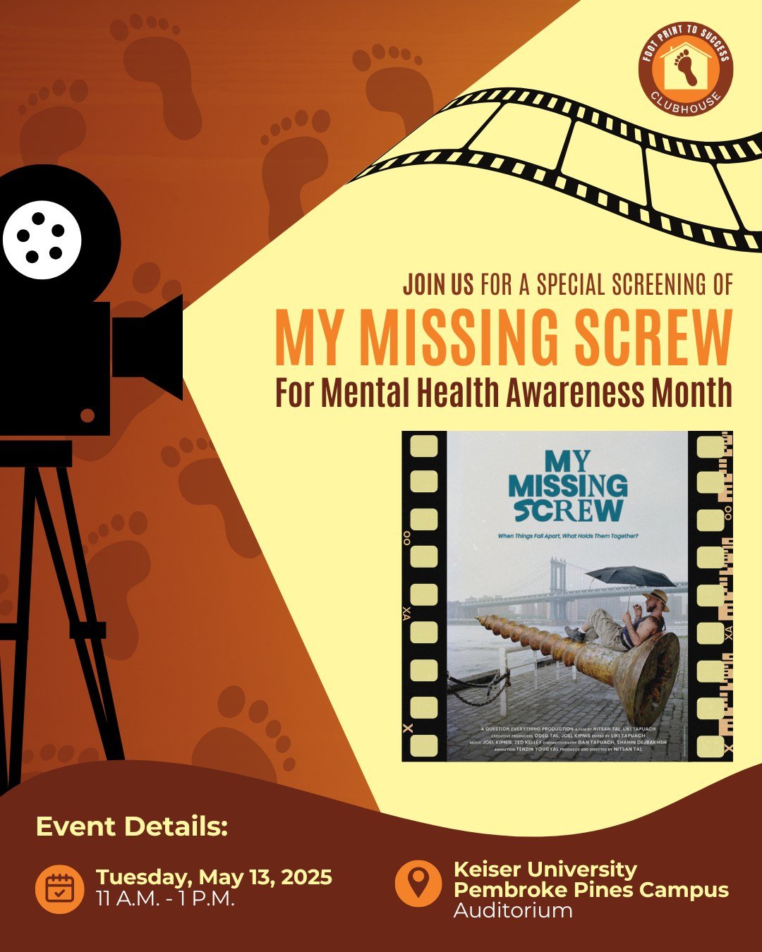 🎬 Join Us for a Screening of My Missing Screw for Mental Health Awareness Month

In honor of Mental Health Awareness Month, Foot Print to Success Clubhouse is hosting a special screening of My Missing Screw, a moving documentary by Nitsan Tal that f