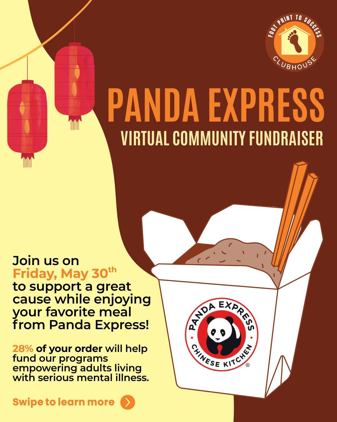 🍜Support a great cause while enjoying your favorite meal from Panda Express! 🌟On Friday, May 30, 2025, order online or through the Panda Express app using code 9004322 at checkout, and 28% of your order will help fund our programs empowering adults