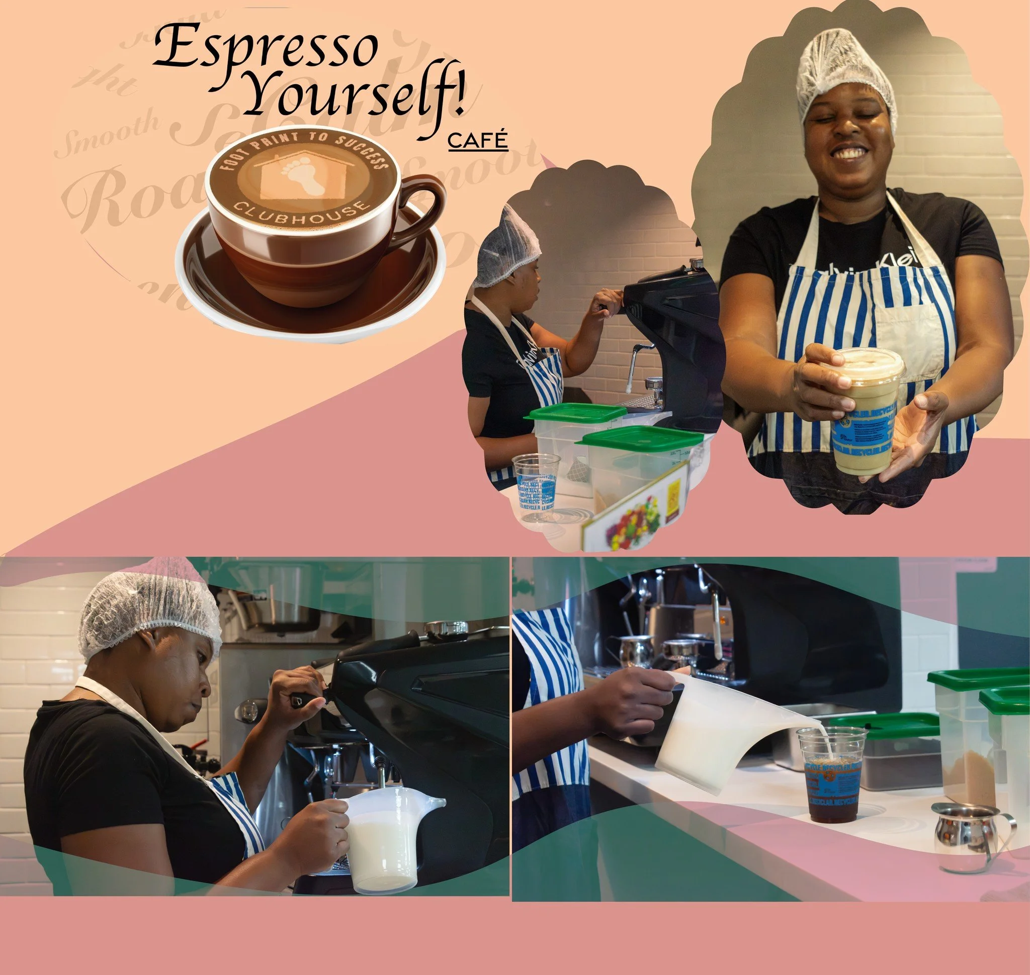 More than just coffee; the Expresso Yourself Cafe is a safe space for quiet reflection, welcoming conversations, and a soft reset. Take a moment to share the space with clubhouse member Christina who is learning the skills of a barista on how to make