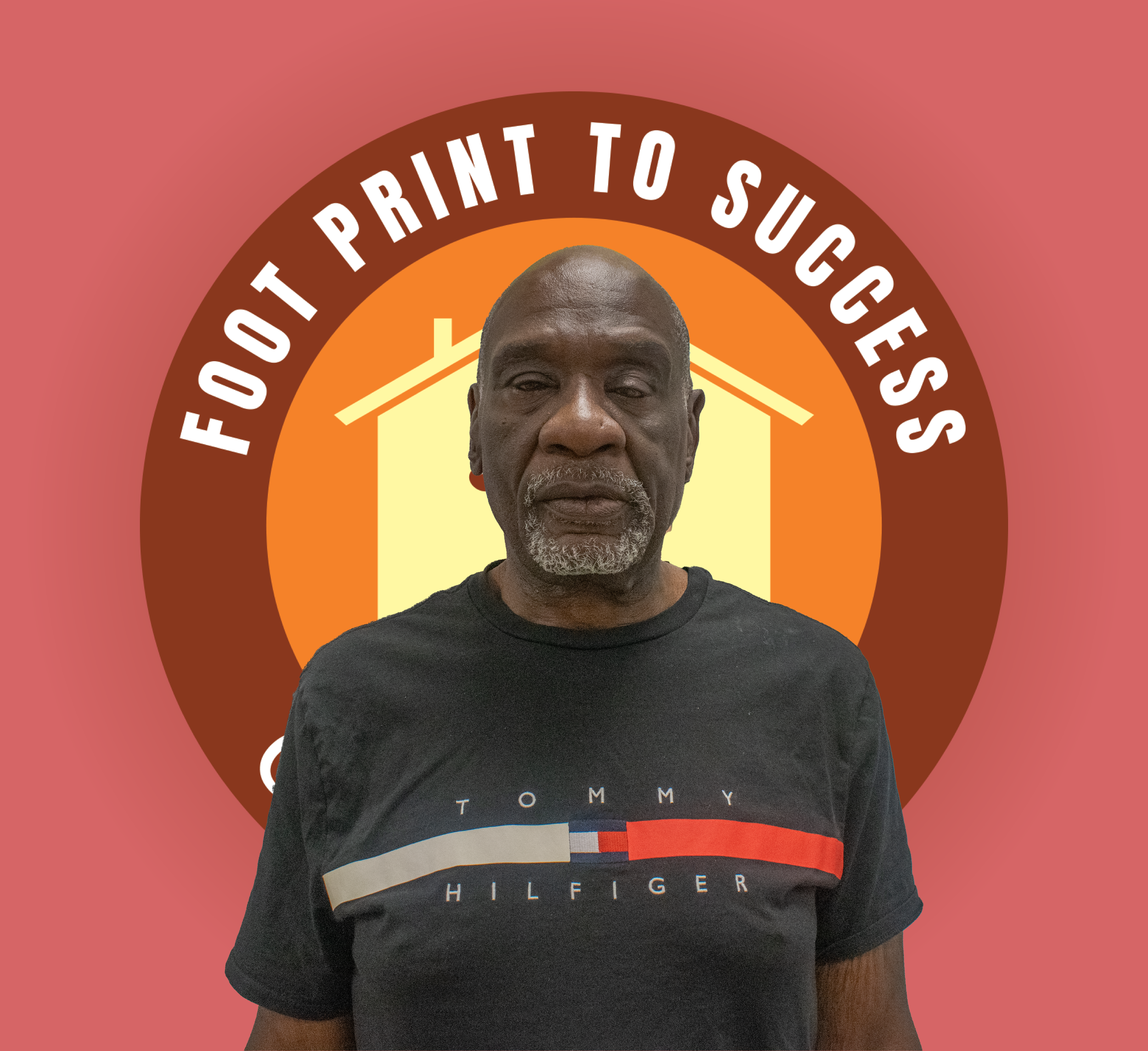An older man with gray hair and beard, wearing a black Tommy Hilfiger t-shirt, standing in front of a graphic with a house outline and the text 'FOOT PRINT TO SUCCESS'.