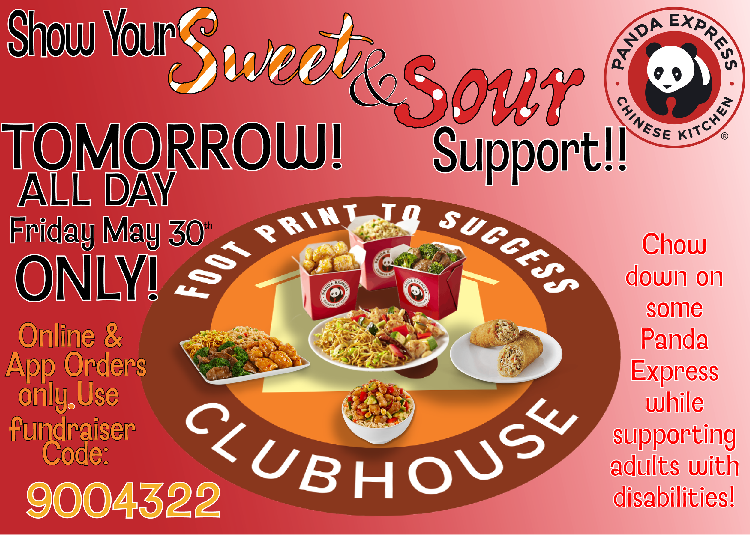 Promotional flyer for Panda Express Chinese restaurant featuring various dishes and a panda logo. Text highlights a fundraiser event on Friday, May 30th, encouraging online and app orders with a special code, supporting adults with disabilities.