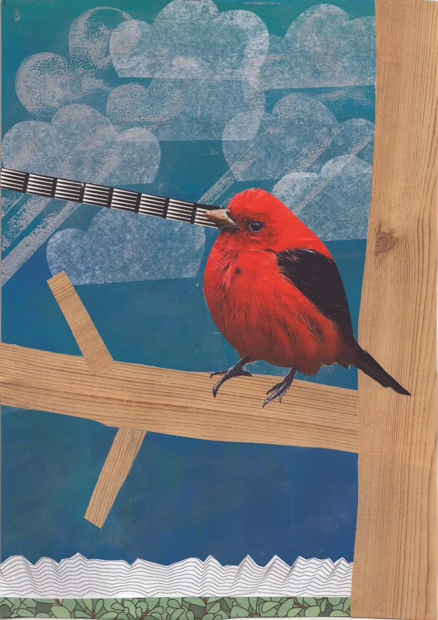 Crimson Rain Serenade, acrylic paint & collage, 24" x 18"